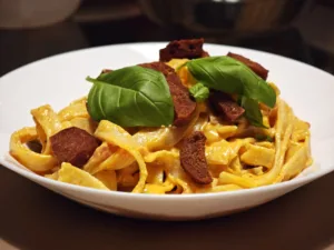 Tagliatelle cu carnati chorizo si sos roze