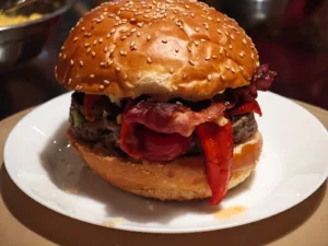 Burger muntenesc cu salata de ardei copti